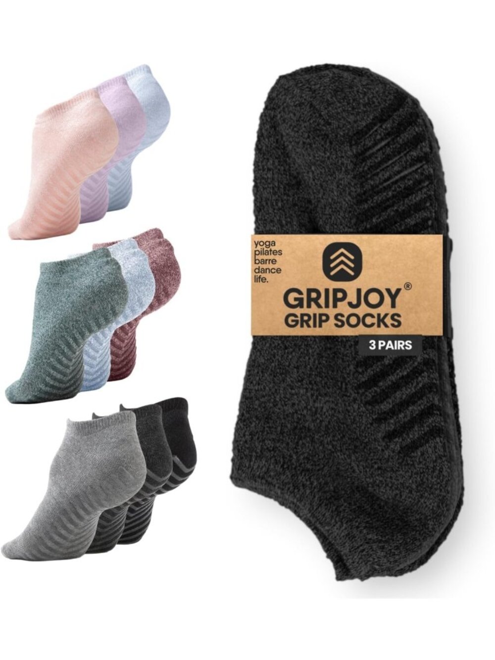 Non-Slip Grip Socks 3-Pack for Yoga, Pilates, Barre & Dance - Comfort